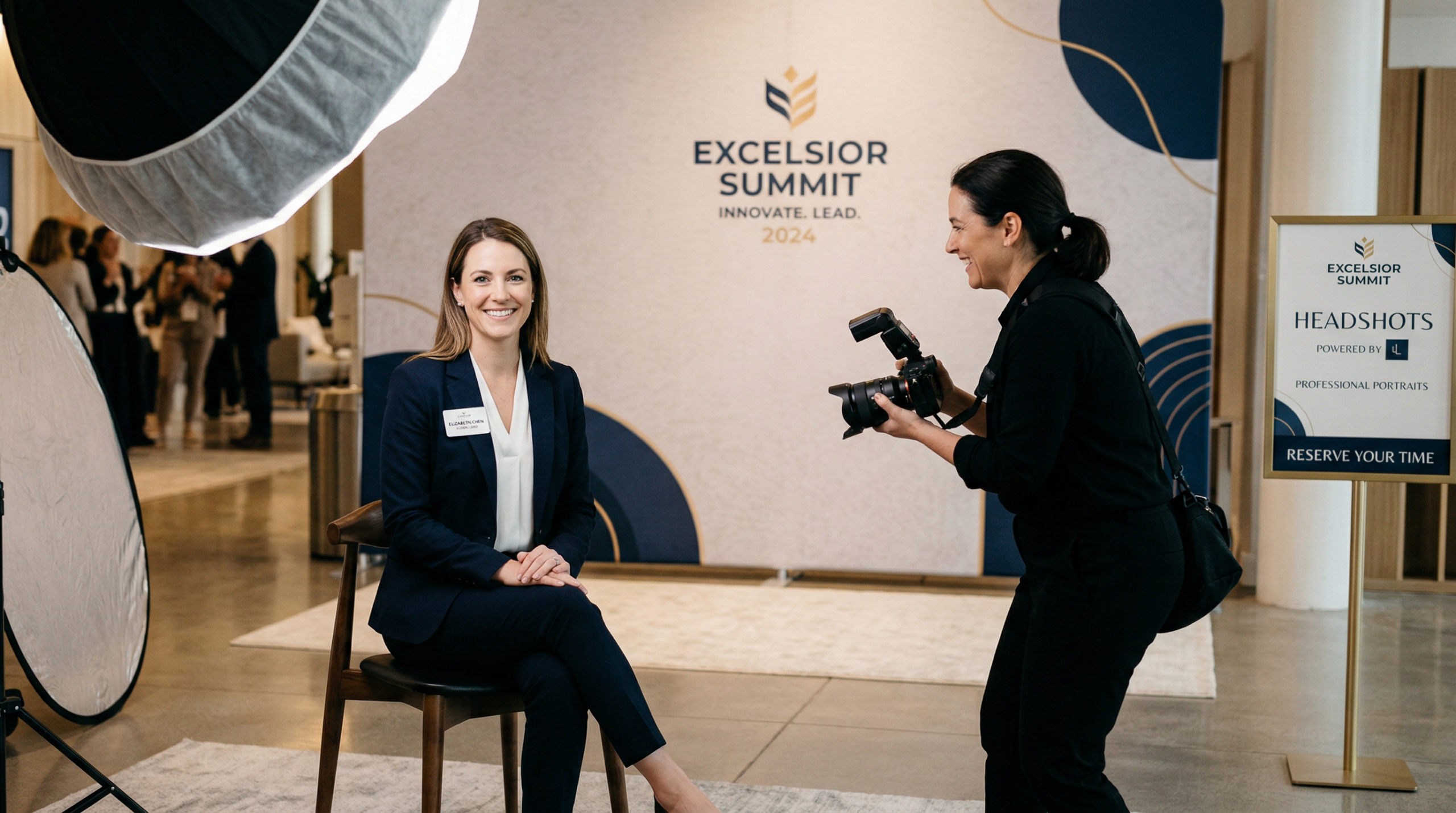 Conference headshot station setup showing clean, professional environment