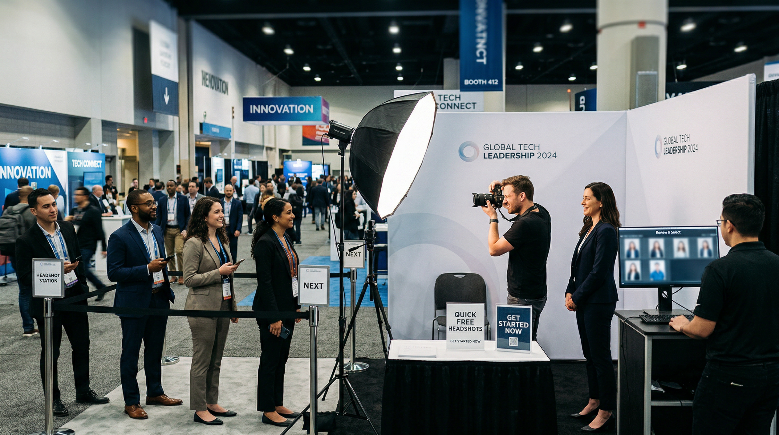 Attendees at a conference headshot station experiencing smooth flow and delivery
