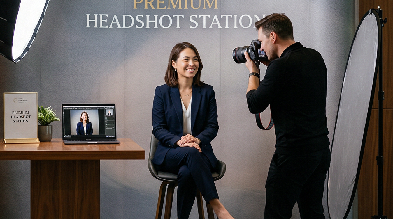 Behind the scenes of a professional conference headshot station setup