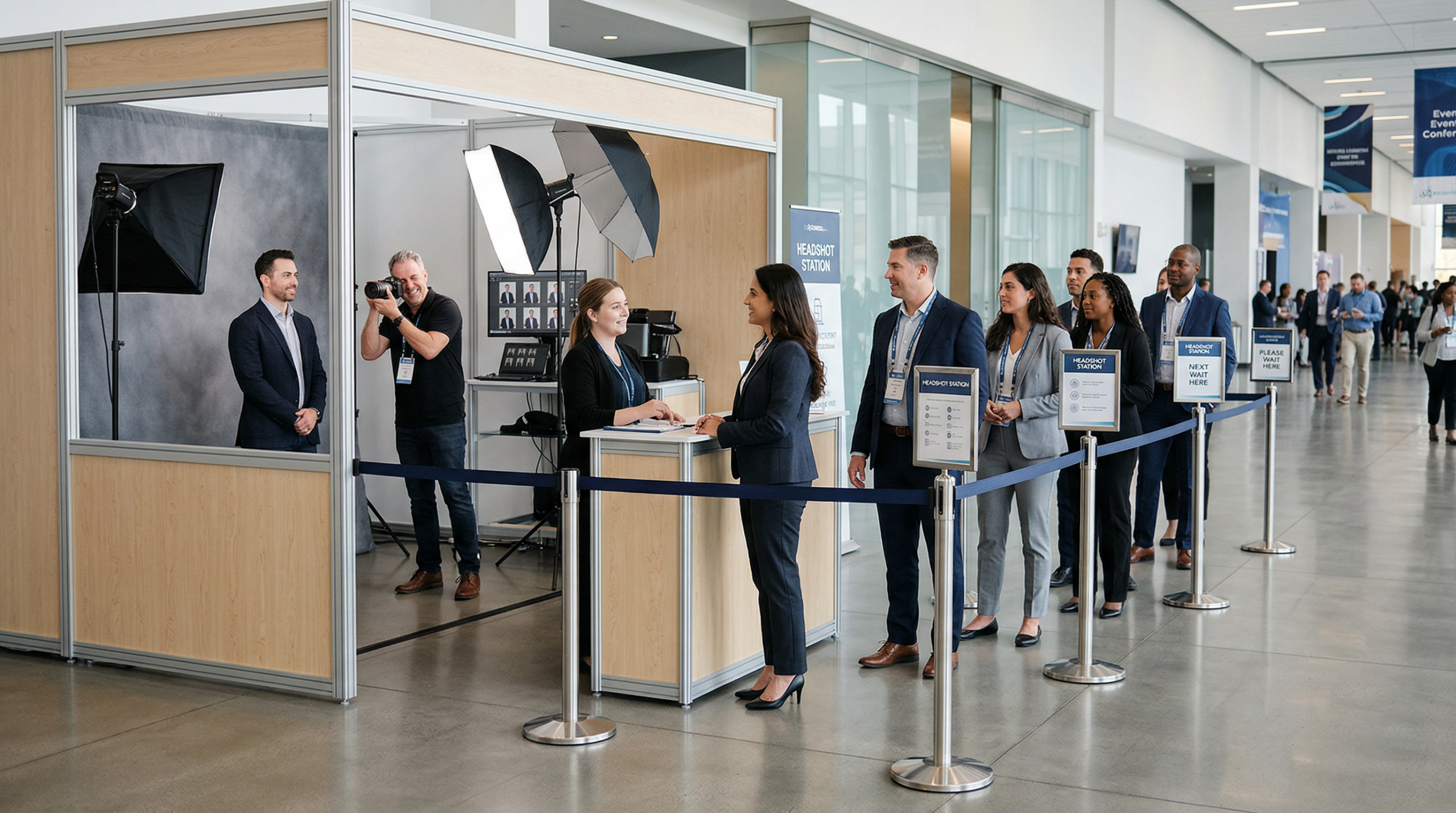 Professional conference headshot station workflow and attendee experience